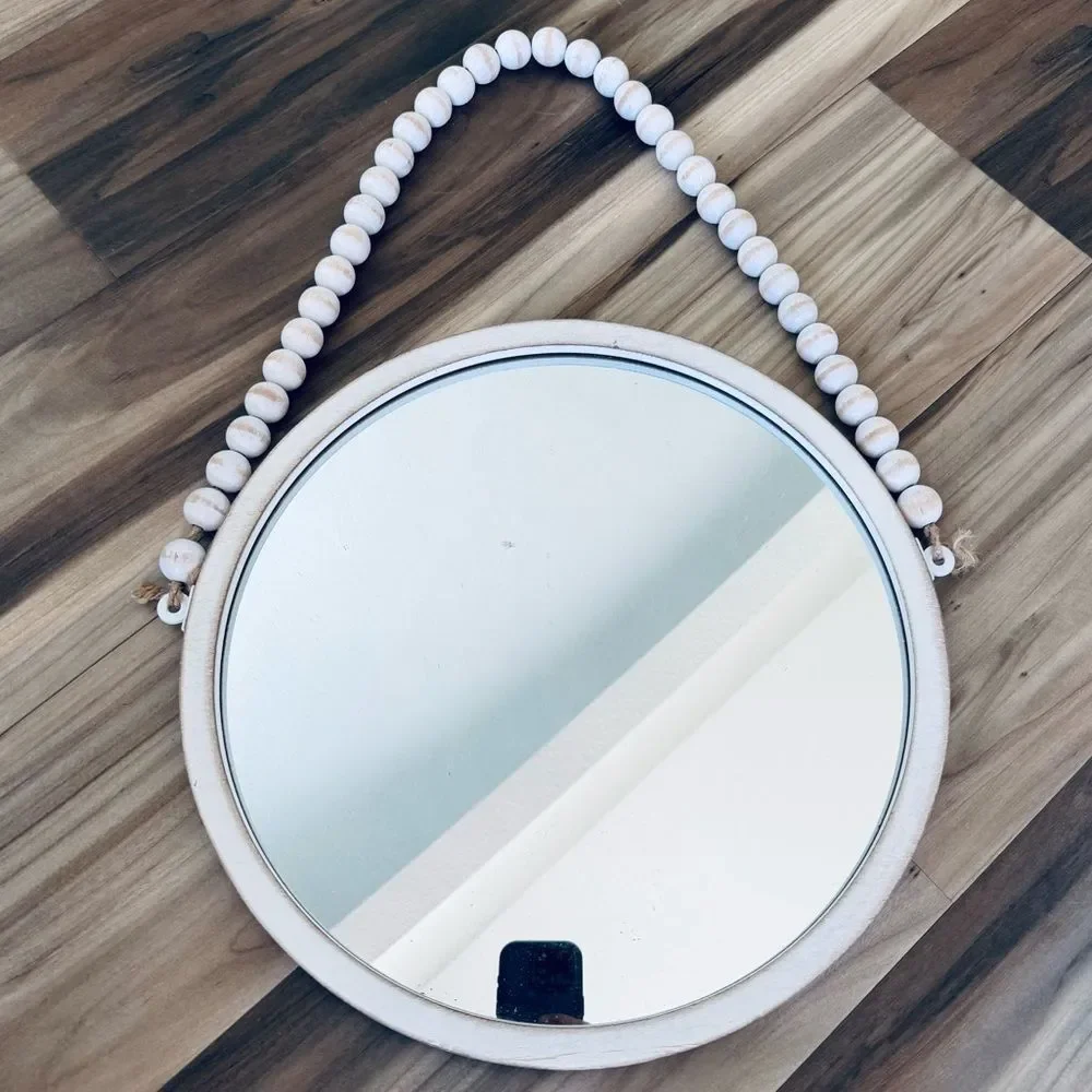 Wood Beaded Rustic Round Wall Mirror